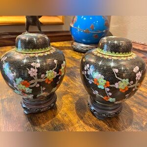 Vintage Black Floral Cloisonné Ginger Jar - Pair rosewood pedestals